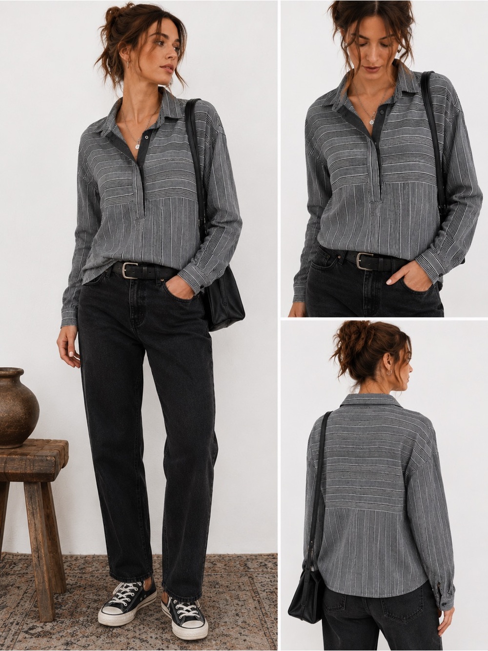Serkez Vintage Gray Black Striped Cotton Pullover Shirt L Boho Grunge Academia